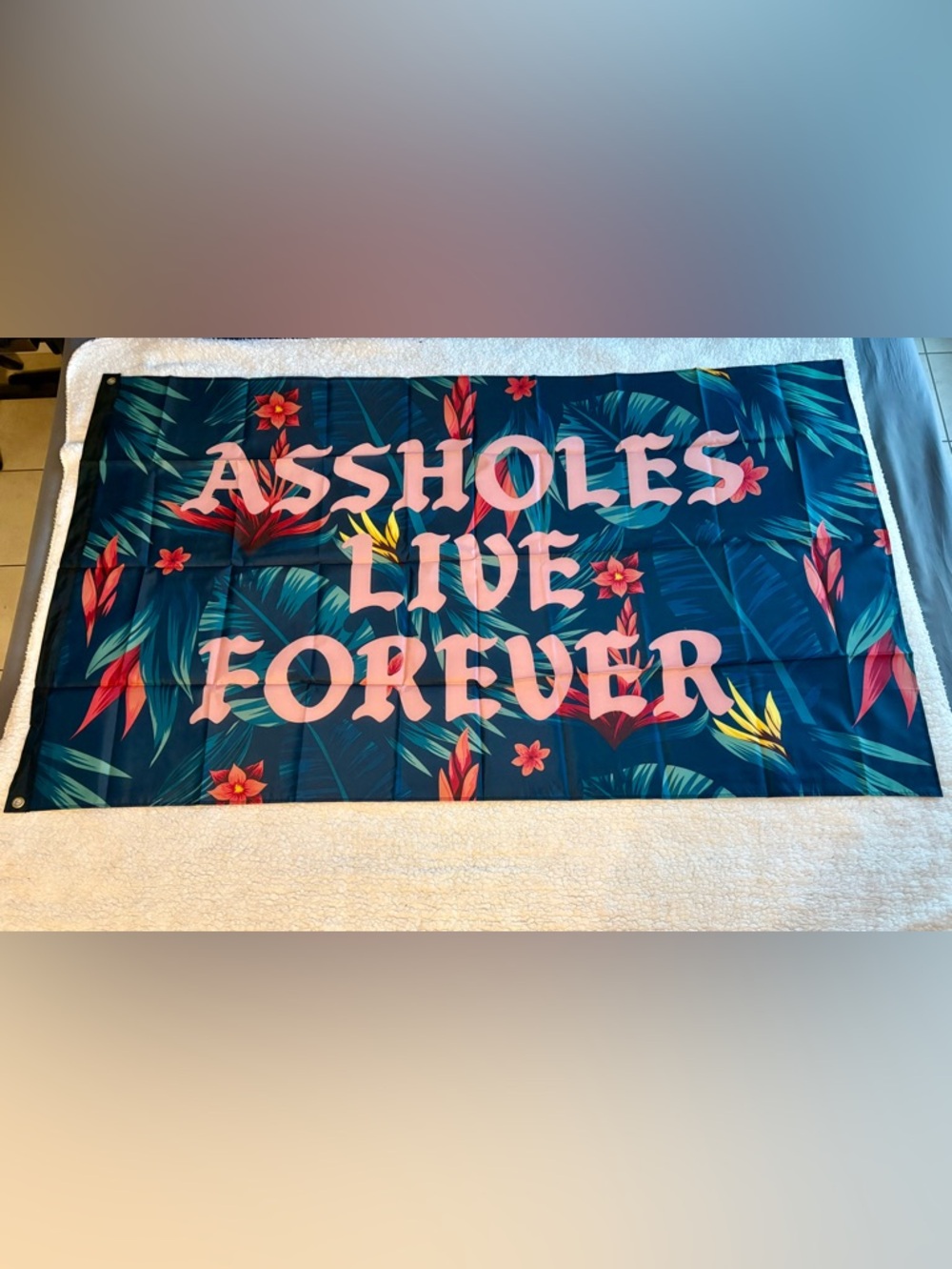 Pink Lettering Tropical Wall Banner - Assholes Live Forever